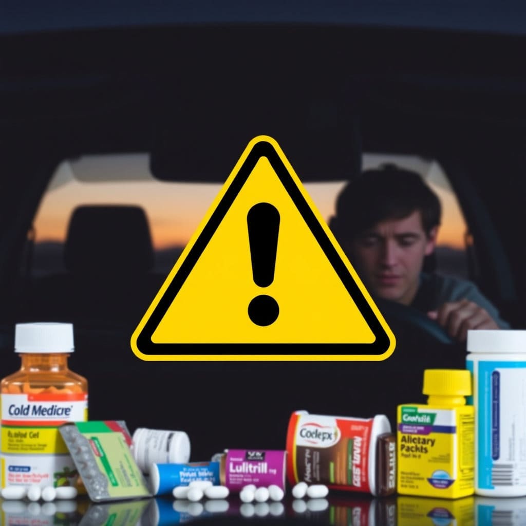 감기약, 알레르기 약, 진통제 등 일부 약물은 졸음을 유발할 수 있으며 는 졸음운전으로 이어져 사고 위험을 높일 수 있음을 시각적으로 경고합니다.