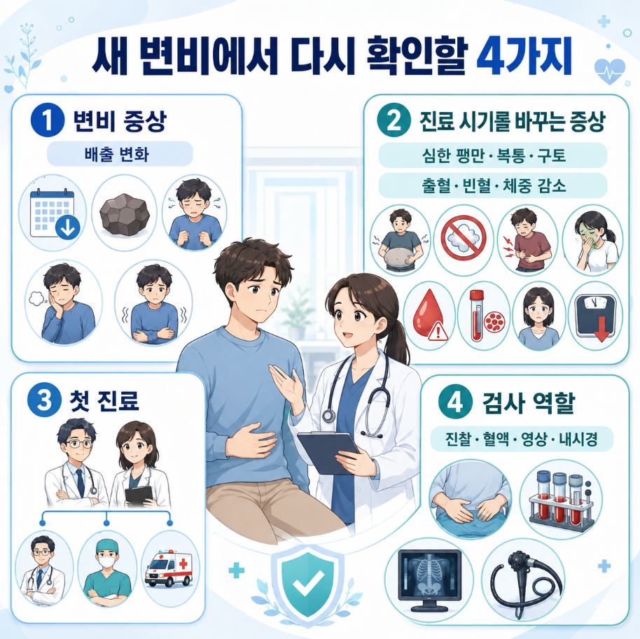 새로 생긴 변비에서 증상·진료 시기·첫 진료·검사 역할을 정리한 최종 요약