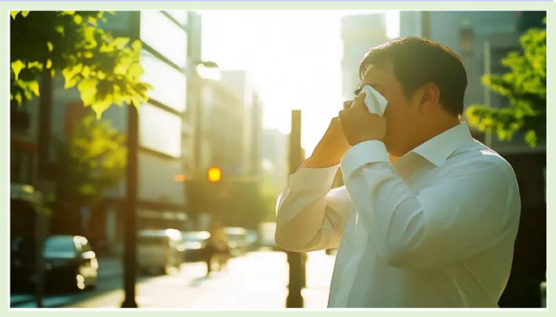 무더운 햇볕 아래에서 땀을 닦는 남성의 모습, 폭염 속 출근길 시민의 고충을 보여줍니다.