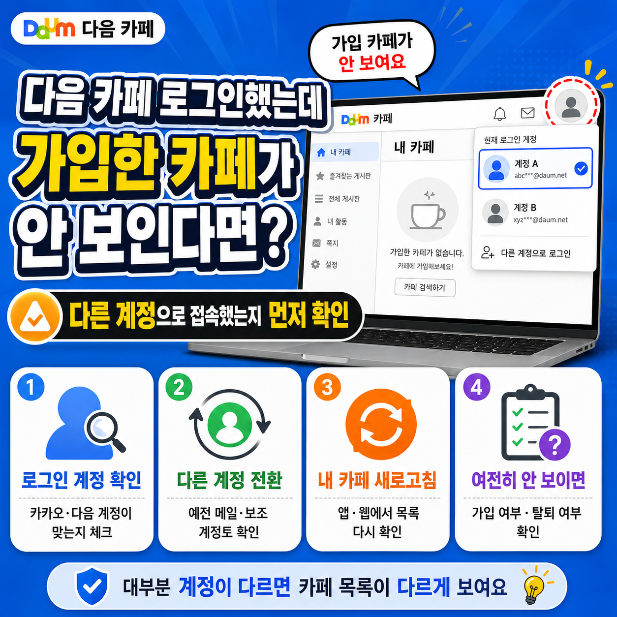 다음 카페 로그인했는데 가입한 카페가 안 보인다면? 다른 계정으로 접속했는지 먼저 확인