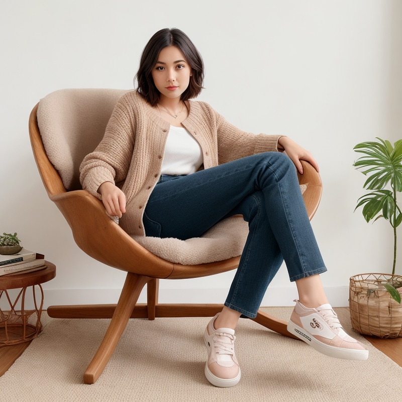 편안한 신발을 착용하고 의자에 앉아있는 20대 여성