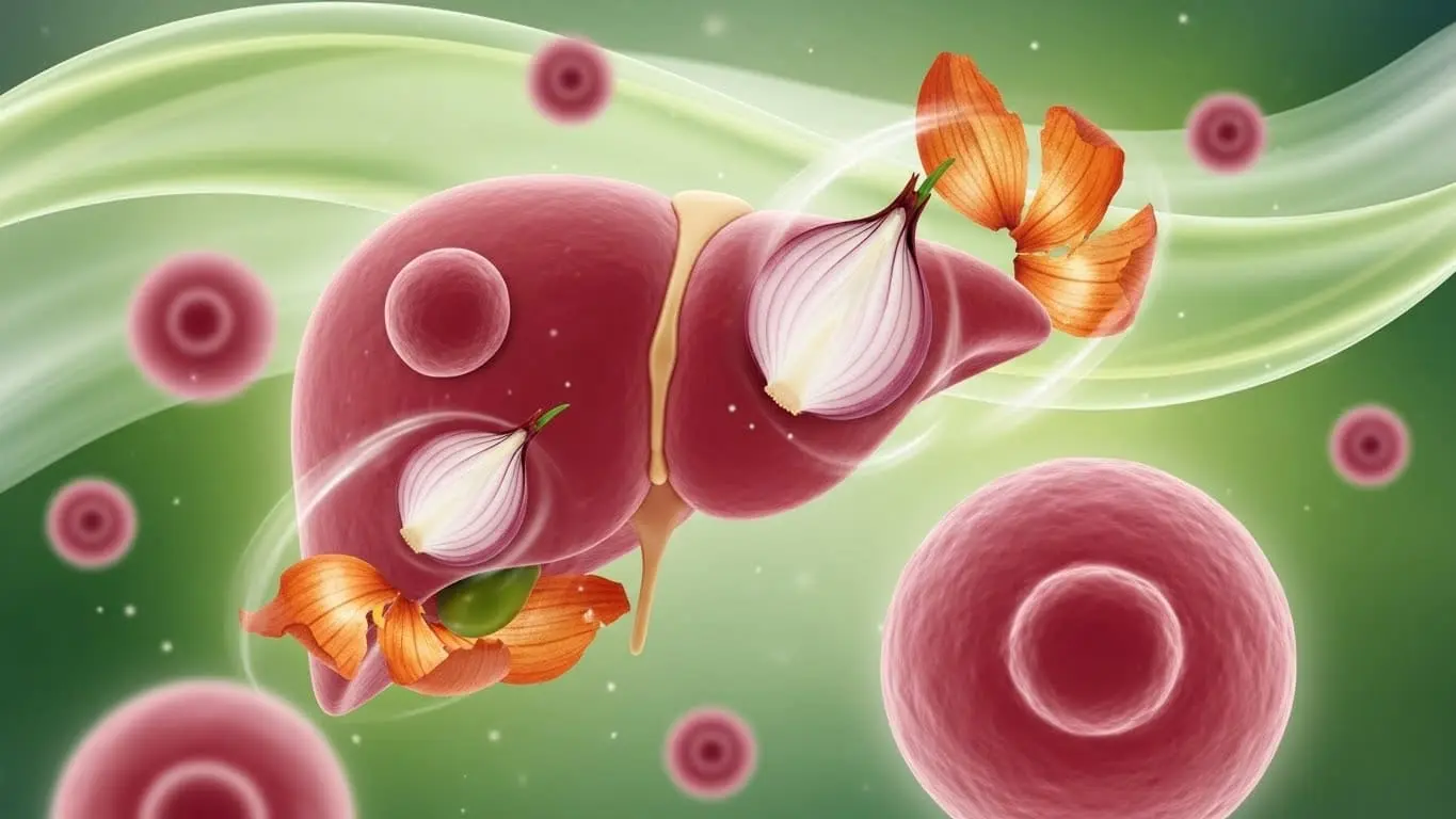 건강한 간세포와 간 해독 과정을 시각화하여 양파 껍질이 간 기능 보호에 기여함을 나타내는 이미지.