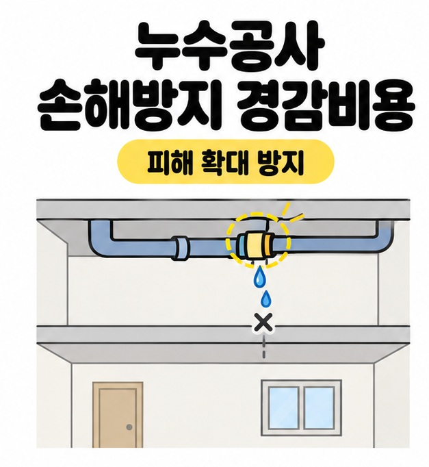 누수공사 손해방지 경감비용 제목 아래 배관 보수 지점을 노란색으로 강조하고 아래층으로 향하는 물방울 경로가 멈추는 피해 확대 방지 개념도