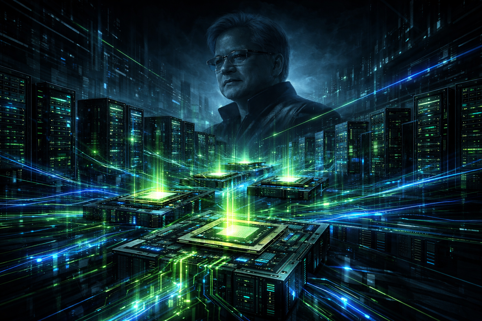 엔비디아의 차세대 AI 칩과 플랫폼이 복잡한 데이터와 컴퓨팅 파워를 처리하는 강력한 AI 인프라의 추상적인 모습