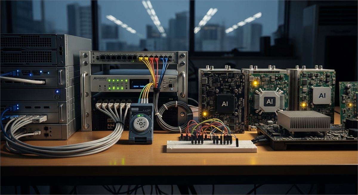 클라우드와 네트워크, AI 칩을 함께 배치한 인프라 상징 장면