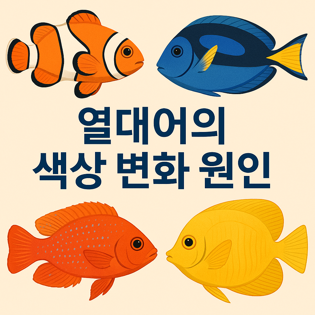 “열대어의 색상 변화 원인”이라는 제목 아래 네 마리의 열대어가 배치된 일러스트 이미지. 좌측 상단에는 주황색과 흰색 줄무늬의 클라운피시, 우측 상단에는 파란색과 노란색의 블루탱, 좌측 하단에는 붉은색 시클리드, 우측 하단에는 노란 앵젤피시가 있으며, 각각 선명한 색상으로 표현되어 있음. 전체적으로 깔끔한 베이지 배경에 어울리는 조화로운 색 구성.