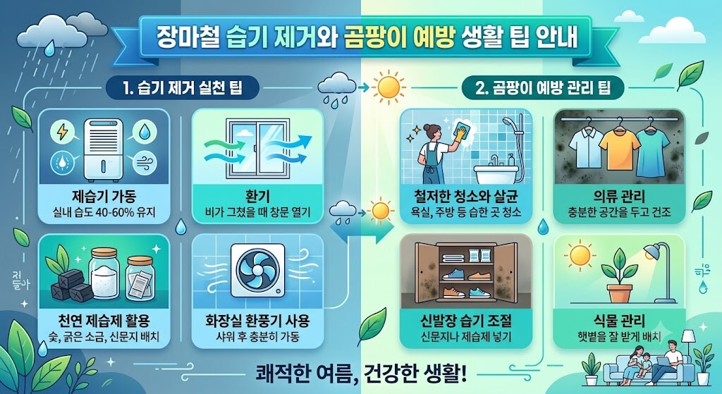 장마철 습기 제거와 곰팡이 예방 생활 팁 안내 인포그래픽