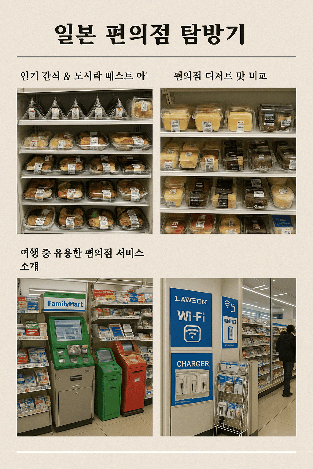 일본 편의점에서 인기 간식, 디저트, 그리고 다양한 생활 서비스를 한눈에 보여주는 실내 이미지