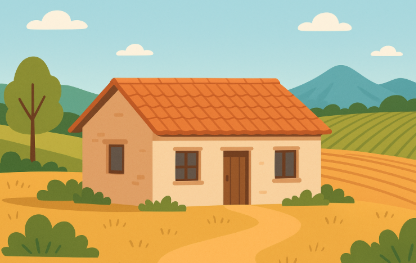 넓은 농지를 배경으로 한 단층 시골집