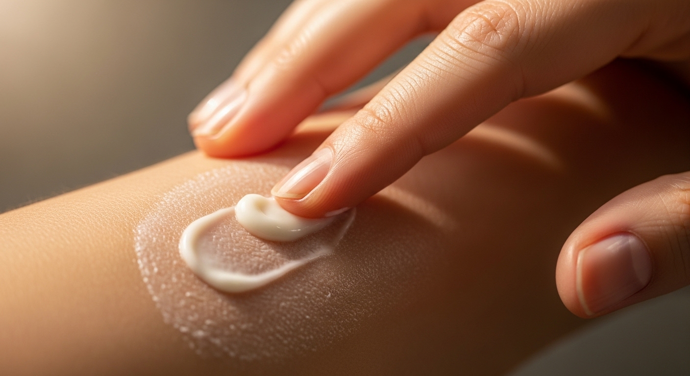 건조하고 각질이 일어난 피부에 촉촉한 보습 크림을 부드럽게 바르는 손. 즉각적인 수분 공급과 진정 효과를 보여줍니다.