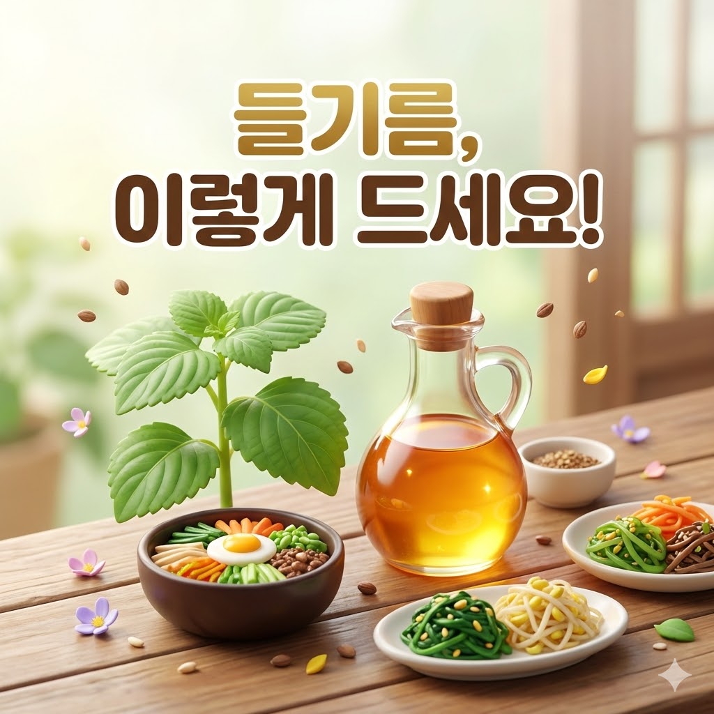 들기름 병과 함께 나물, 비빔밥 등 들기름 활용 요리가 귀엽게 그려진 3D 카툰 이미지. '들기름, 이렇게 드세요!' 문구가 시선을 끈다.