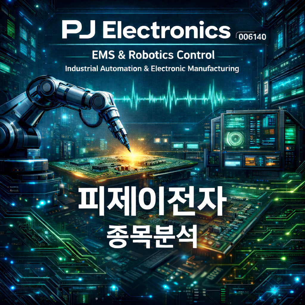 피제이전자 종목분석 이미지로 배경은 기판을 만지는 로봇