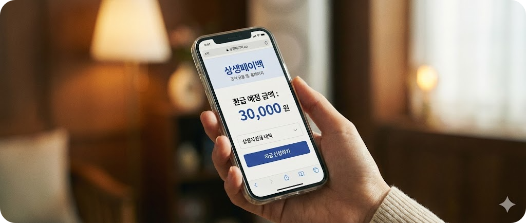 상생페이백 앱 화면에 3만원 환급 금액이 표시된 스마트폰을 들고 있는 한국인의 손