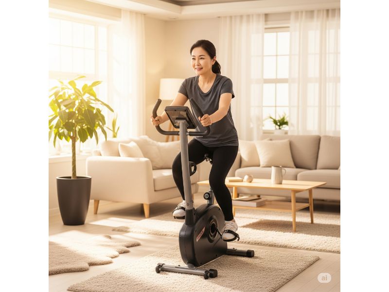 홈 실내 자전거로 관절 부담 없이 유산소 운동 중인 중년 여성