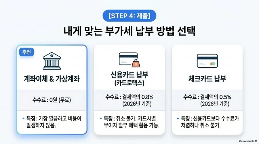 홈택스 부가세 납부방법 비교 이미지. 계좌이체와 가상계좌는 수수료 없이 무료이고 신용카드 납부는 결제액의 0.8퍼센트 수수료가 발생하며 체크카드 납부는 0.5퍼센트 수수료가 발생한다는 내용을 카드별로 비교하고 각 납부 방법의 특징을 정리함 