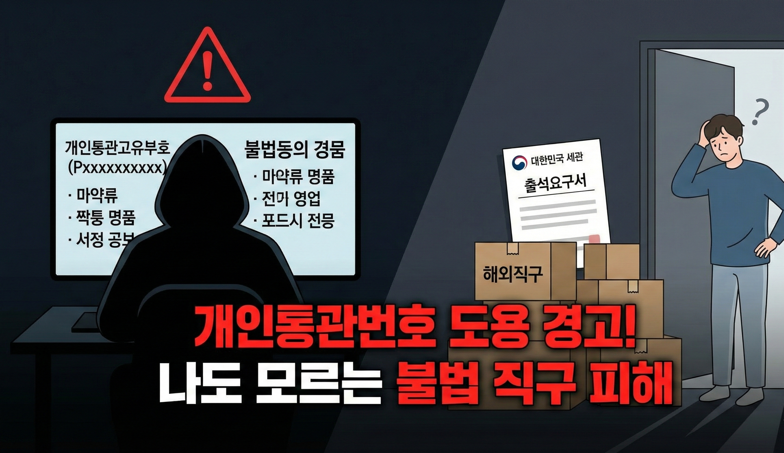 개인통관번호 도용으로 불법 직구가 진행되고 세관 출석요구서를 받는 피해 상황을 보여주는 이미지