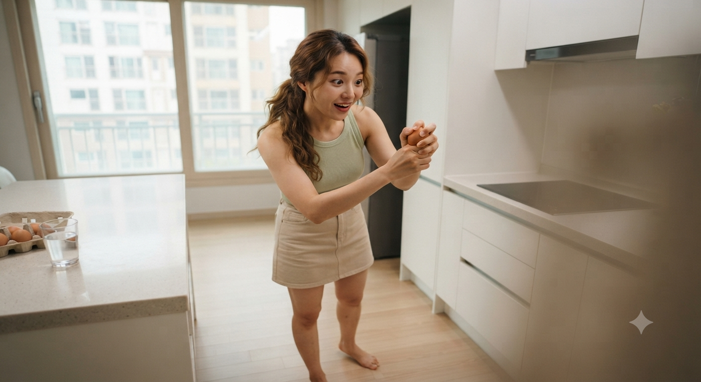 달걀 하나를 손바닥 안에 감싸 쥐고 다섯 손가락으로 양쪽 끝을 향해 꽉 눌렀지만 잘 깨지지 않아 놀라는 여성