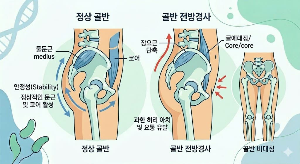 정상 골반 정렬 vs 골반 전방경사 오리궁둥이 체형 장요근 단축 중둔근 약화 트렌델렌버그 보행 불균형 비교 인포그래픽