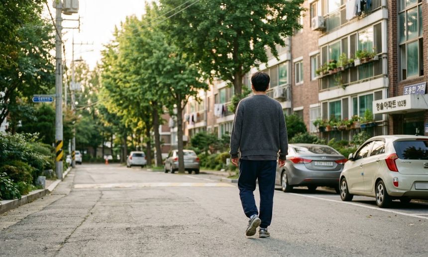 식후 혈당 관리를 위해 아파트 단지 골목을 가볍게 산책하는 모습