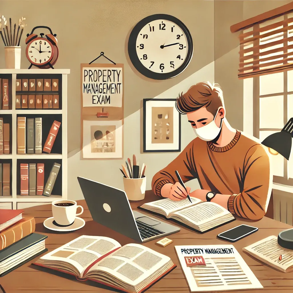 책상 위에서 주택관리사 시험 준비를 하는 수험생