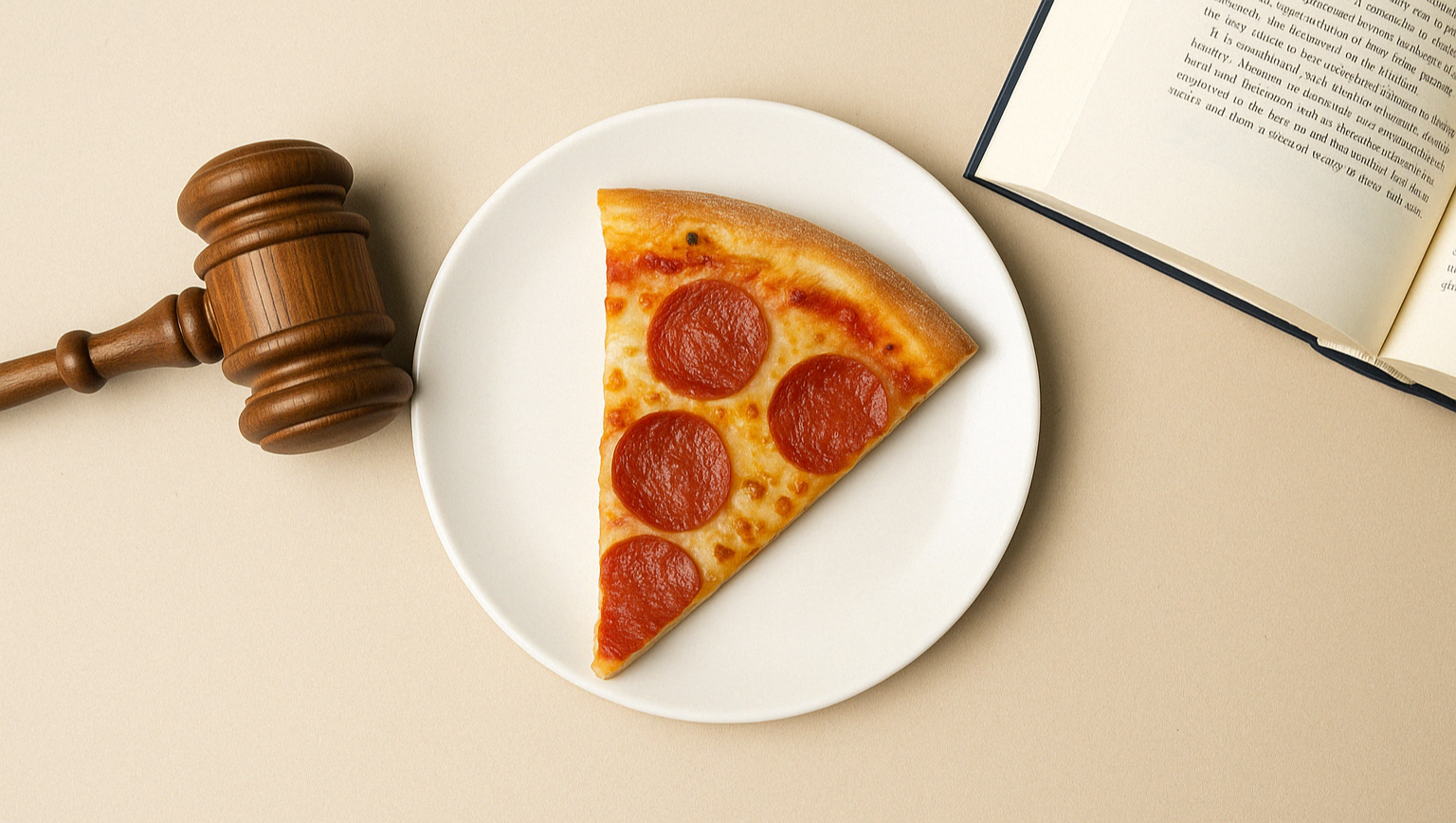 가맹점 소송을 상징하는 피자, 판사 망치, 계약서를 담은 블로그 중간 삽입용 이미지