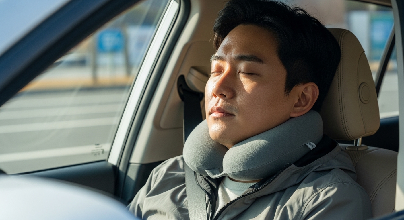 휴게소에 정차된 차 안에서 목베개를 하고 편안하게 쪽잠을 자고 있는 30대 후반 한국인 남성 운전자.