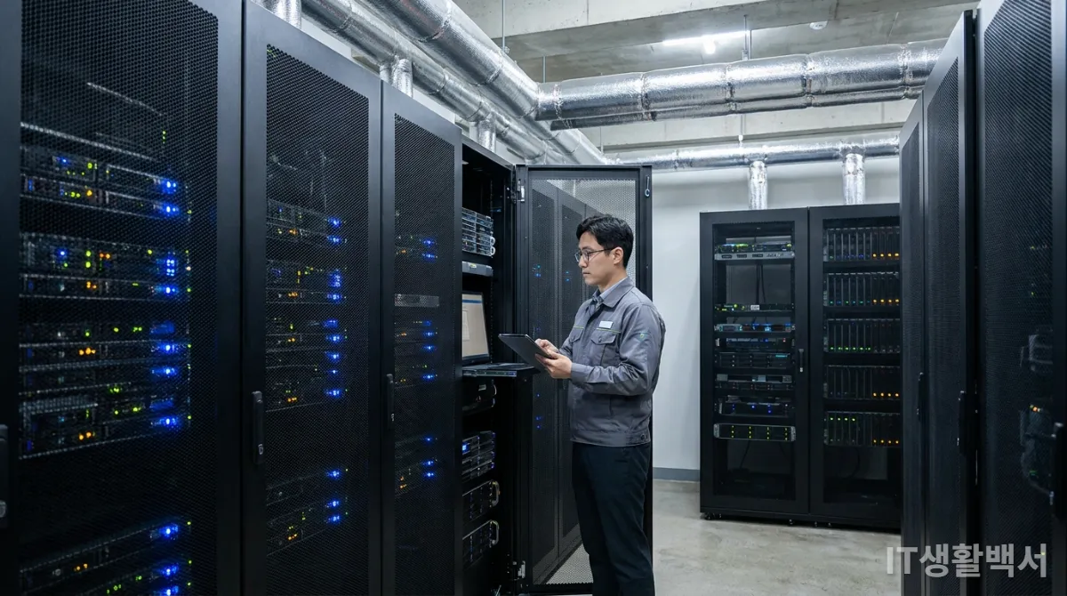 최첨단 친환경 데이터센터에서 태블릿으로 서버 상태를 확인하는 한국인 IT 엔지니어