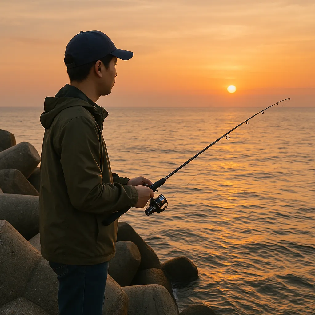 방파제에서 해질 무렵 낚시하는 남성