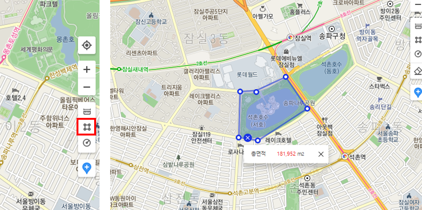 카카오맵-면적-기능-확인-화면