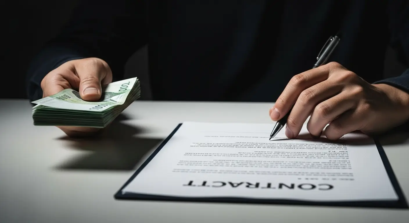 작은 현금 뭉치를 받는 대가로, 크고 부담스러워 보이는 계약서에 서명하는 모습 (내구제 대출의 위험성)
