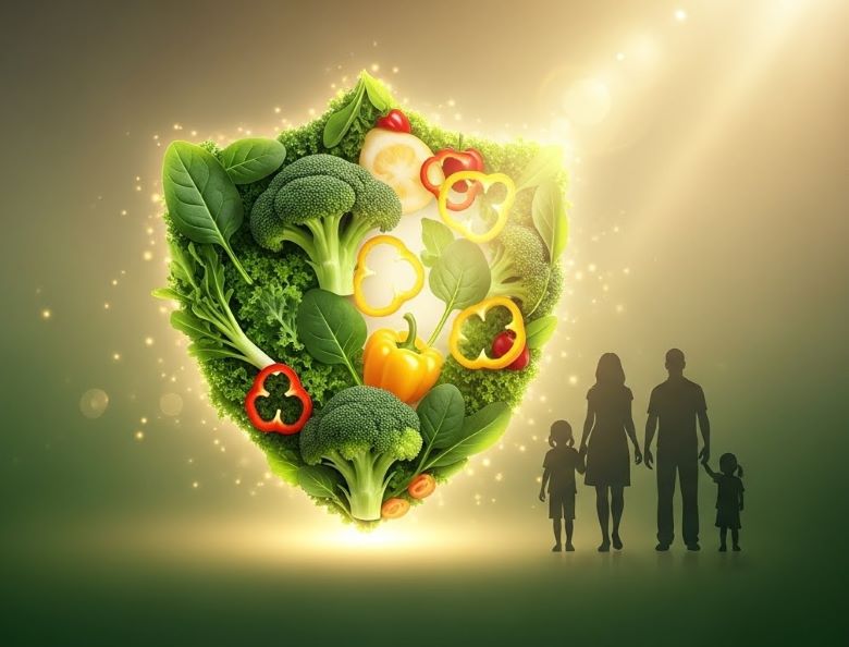 황금빛 배경에 브로콜리, 파프리카, 케일, 시금치 등 신선한 녹색 채소들이 빛나는 보호막 모양을 이루고, 그 앞에 가족 4명의 실루엣이 서있는 채소 섭취를 통한 가족 건강 보호 개념 이미지