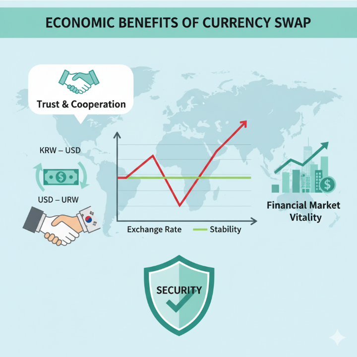 환율 그래프가 안정되는 모습, 세계 지도를 배경으로 두 국가의 화폐가 교환되며 금융시장이 활성화되는 듯한 모습, 또는 '신뢰(Trust)'나 '안정(Stability)'을 상징하는 시각적 요소가 포함된 인포그래픽.