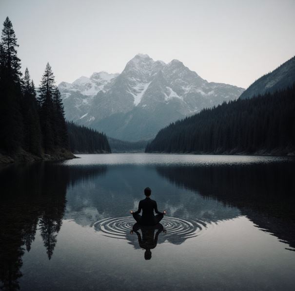 숲속 호수 위에서 명상을 하고 있는 사람의 모습으로 명상의 느낌을 살린 이미지