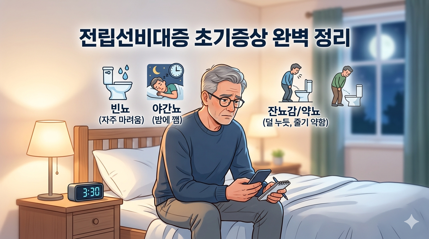 전립선비대증 초기 증상을 설명하는 이미지. 밤에 잠에서 깨어 고민하는 남성과 빈뇨, 야간뇨, 잔뇨감, 약뇨를 설명하는 아이콘이 포함된 인포그래픽