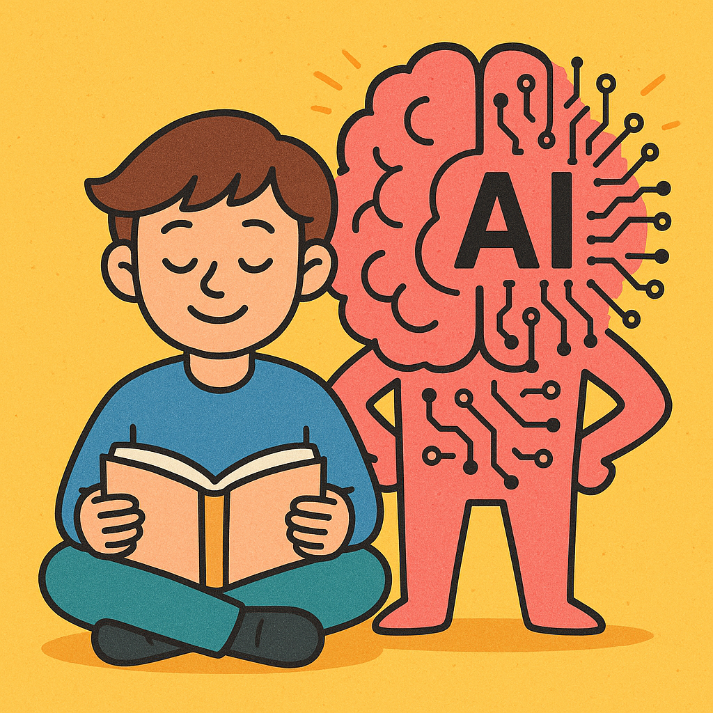 책을 읽는 사람 옆에 서 있는 AI 모양의 귀여운 뇌 로봇 일러스트