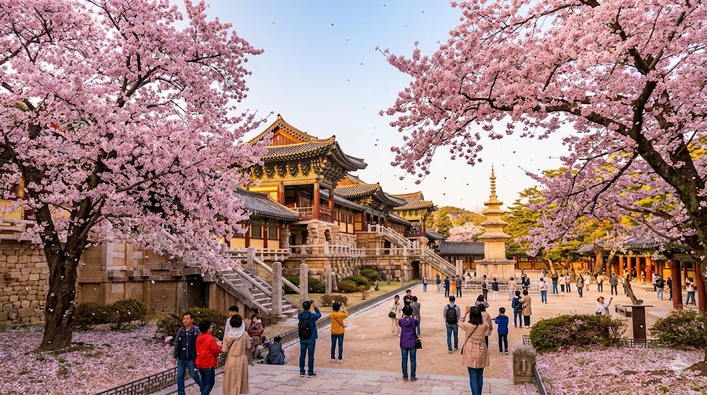 천년고찰 불국사에서 만나는 화려한 겹벚꽃 풍경