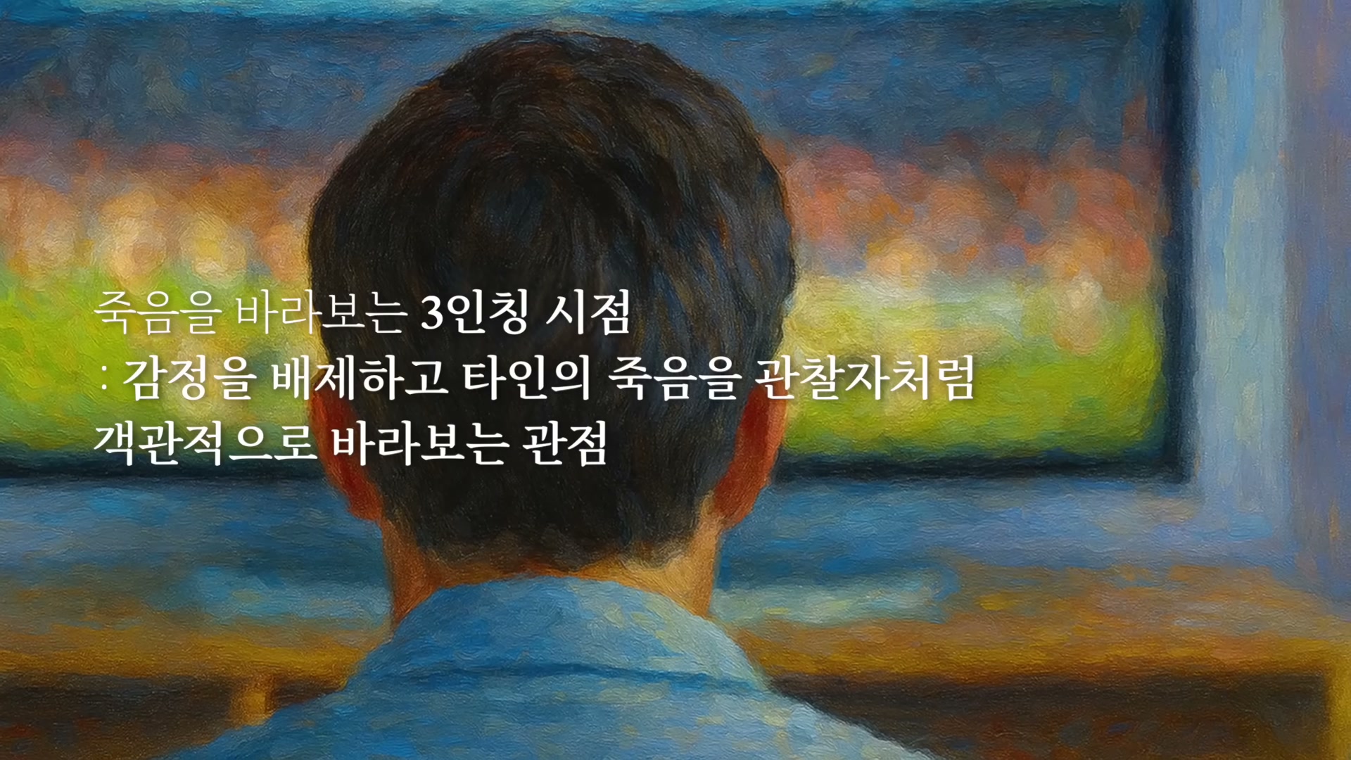 한 남자가 큰 그림 앞에 서서 바라보는 그림 위에 죽음을 바라보는 3인칭 시점이라는 정의 자막이 보인다.