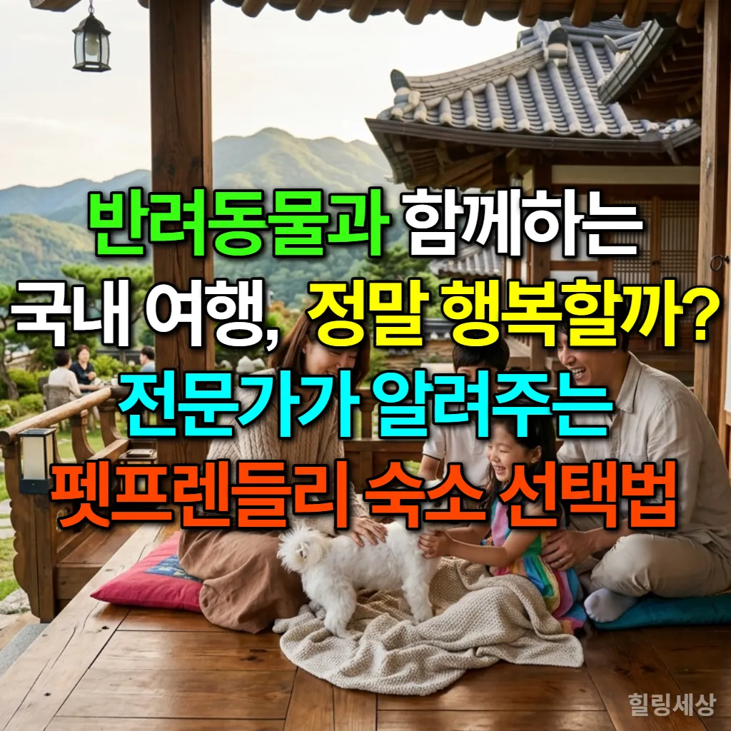 반려동물과 함께 국내 여행을 즐기는 한국인 가족의 행복한 모습