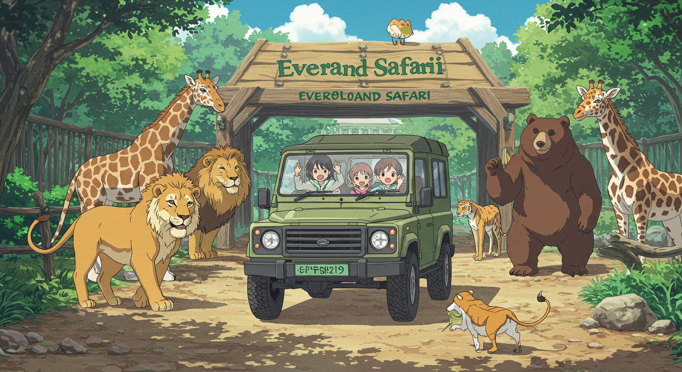 에버랜드 사파리에서 맹수를 가까이에서 만나는 장면