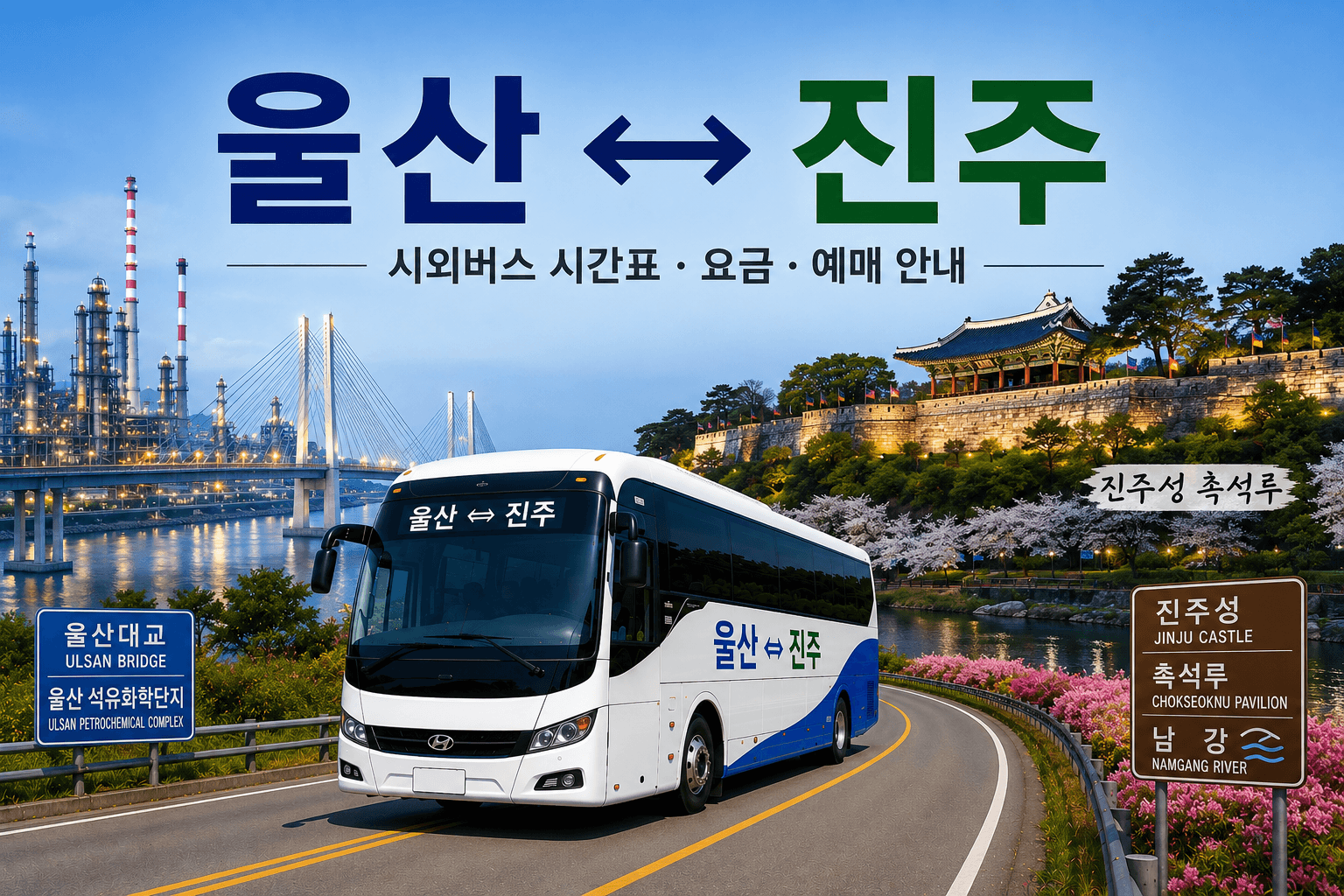 울산과 진주를 오가는 멋있는 버스와 진주의 촉성루