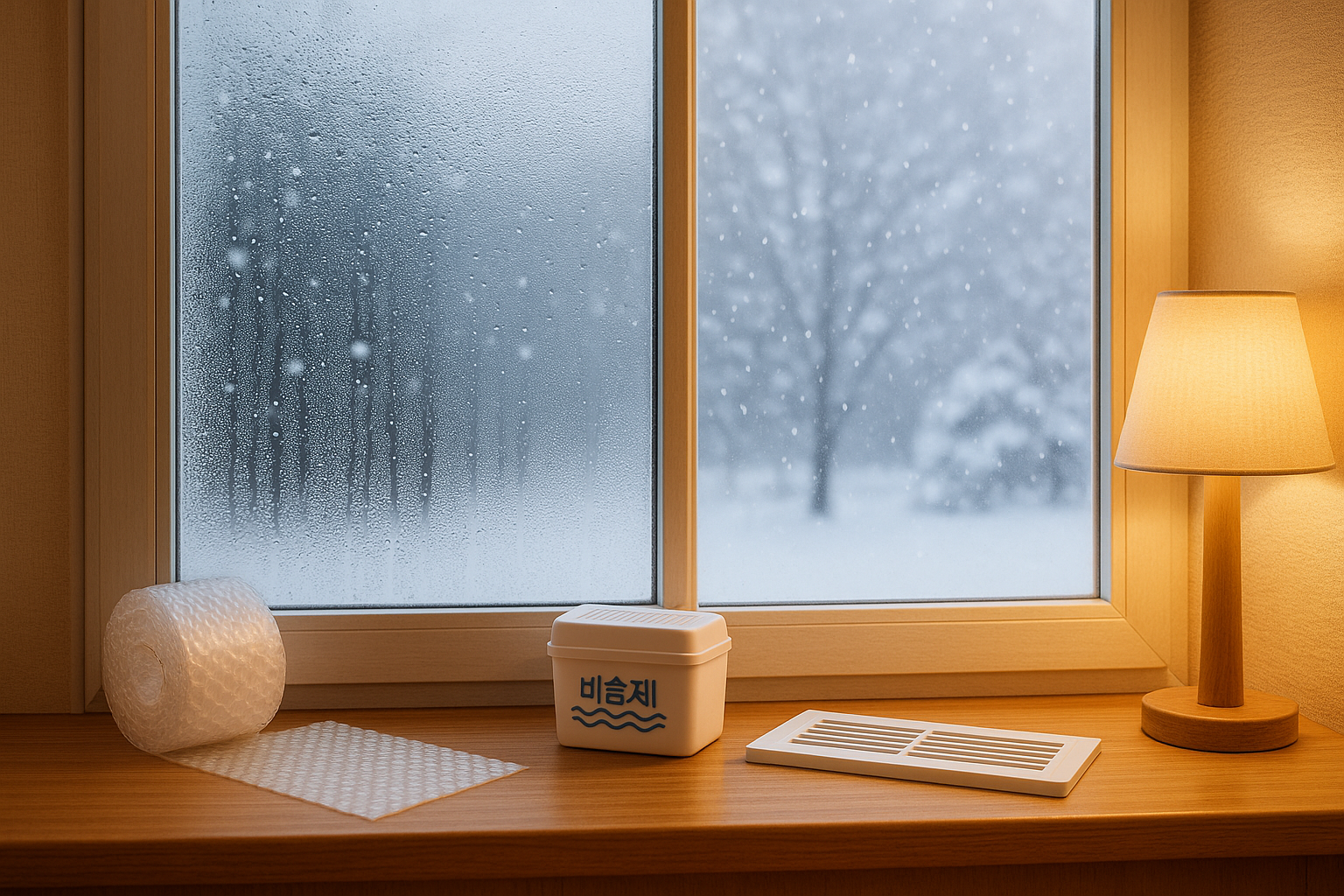 겨울철 창문에 물방울이 맺힌 모습과 함께 뽁뽁이, 제습제, 환기구 등 결로 방지 도구들이 정돈되어 있는 따뜻한 실내 공간. 창밖으로는 눈이 내리고 있고, 실내는 아늑하고 깔끔한 분위기