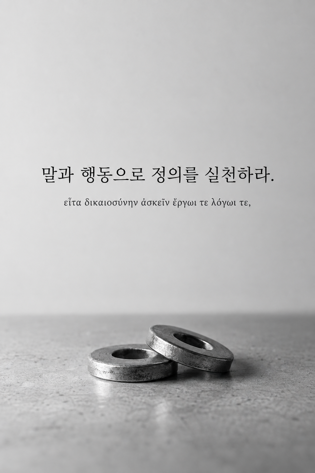 말과 행동으로 정의를 실천하라. 회색 바닥에 놓인 금속 고리 두 개 배경에 한국어와 그리스어 원문을 담은 피타고라스 학파 명언 이미지