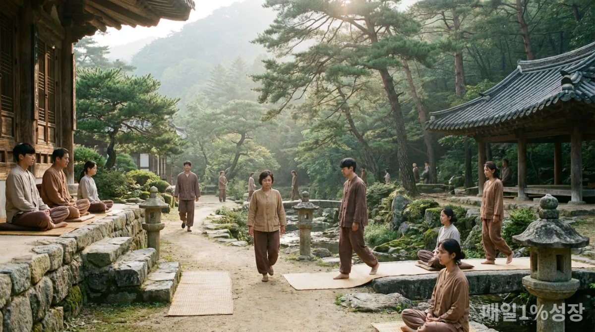 자연 속에서 명상을 통해 마음을 다스리는 한국인들