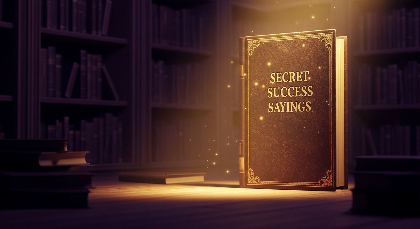 보랏빛 서재에서 빛나는 '극비 성공 명언' 책과 성공의 비밀을 암시하는 황금빛 아우라.