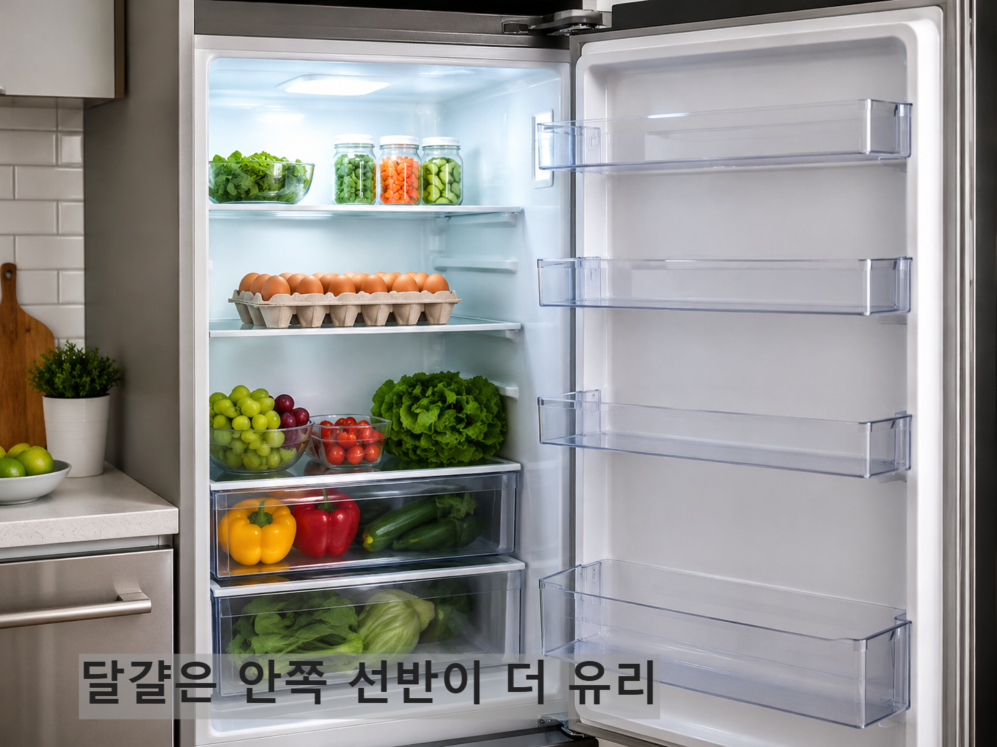 냉장고 안쪽 선반에 달걀을 보관한 이미지
