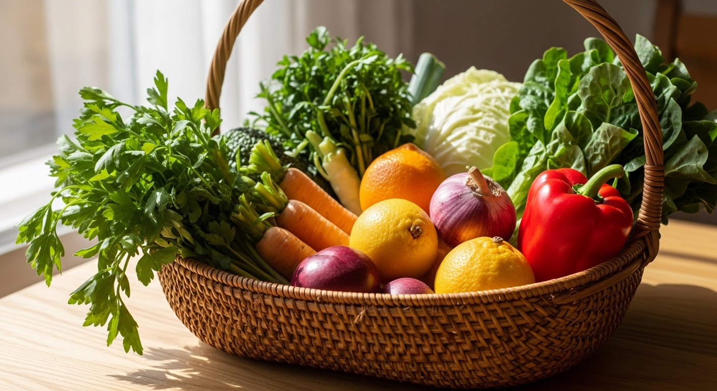 밝은 자연광 아래 채소와 과일을 담은 바구니