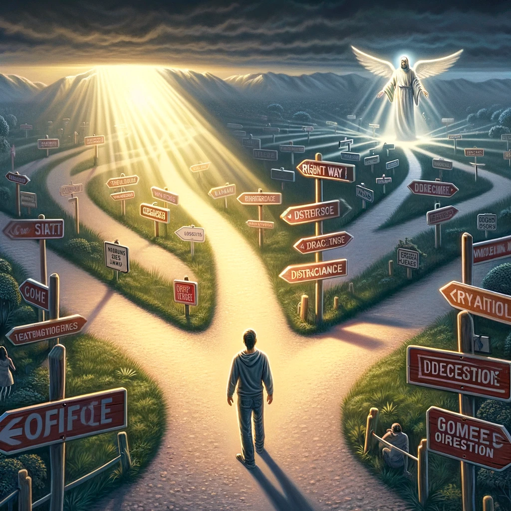  The images that highlight the importance of obedience over merely hearing or knowing. Each scene captures individuals or groups choosing to follow the right path&amp;#44; guided by divine or moral direction&amp;#44; amidst distractions and temptations.