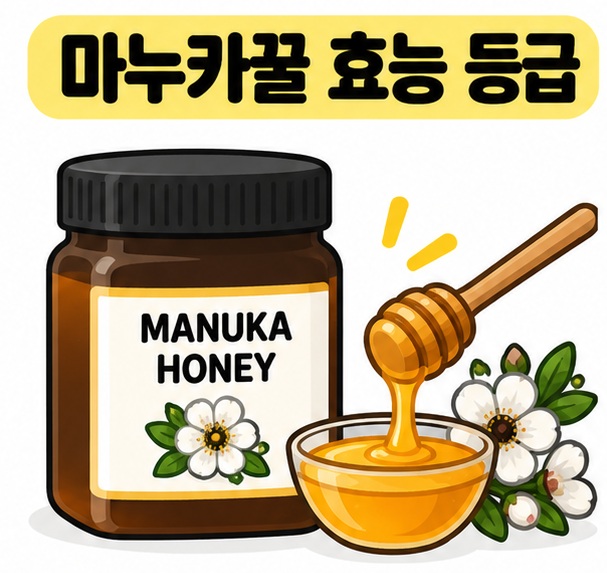 마누카꿀 병과 꿀스푼 옆에 마누카꿀 효능 등급 제목을 크게 배치한 카드