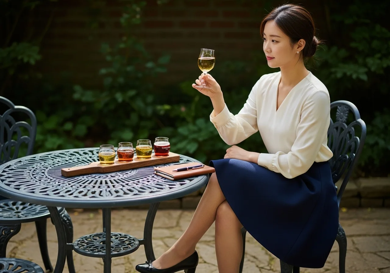 젊은 한국인 여성이 아름다운 정원 테이블에 앉아, 여러 종류의 사이더가 담긴 사이더 플라이트를 맛보고 있다