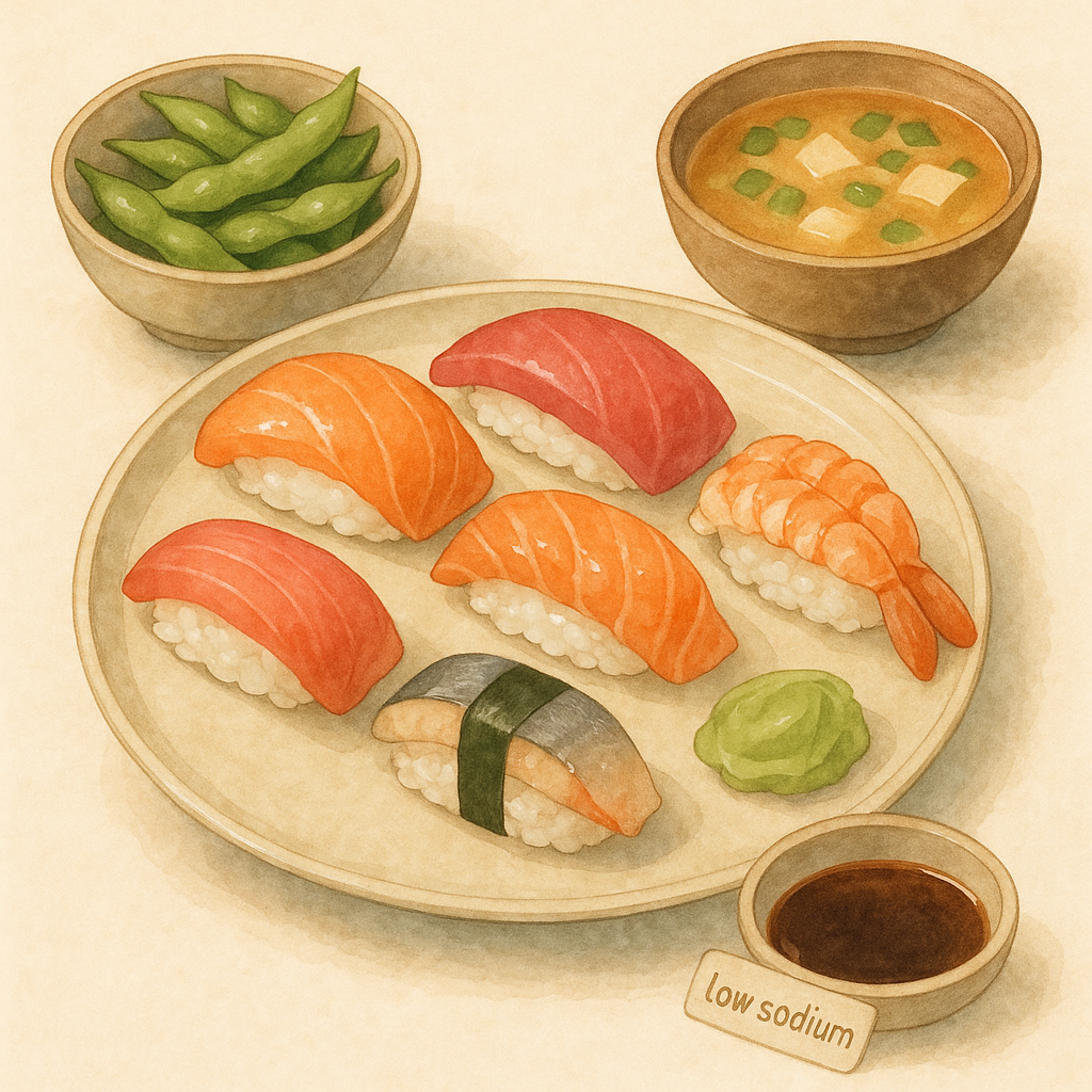 "연어, 참치, 새우, 고등어 초밥이 담긴 접시와 함께 저염 간장 종지, 에다마메, 미소국이 곁들여진 수채화 스타일 일러스트 – 당뇨 환자를 위한 건강한 초밥 식단"